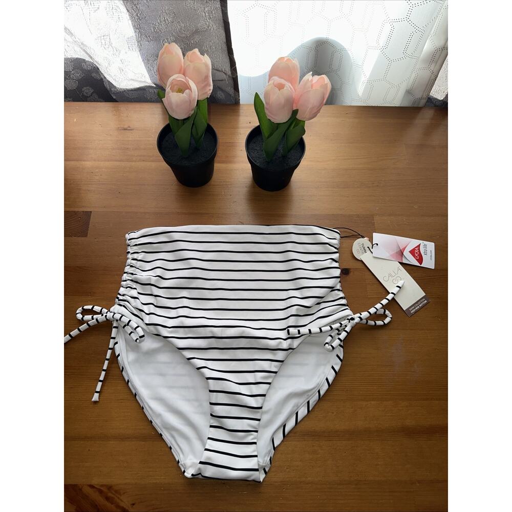 CALIA High Waisted Ruched Side Tie Swim Bottoms Size Small Women Coastal Stripe